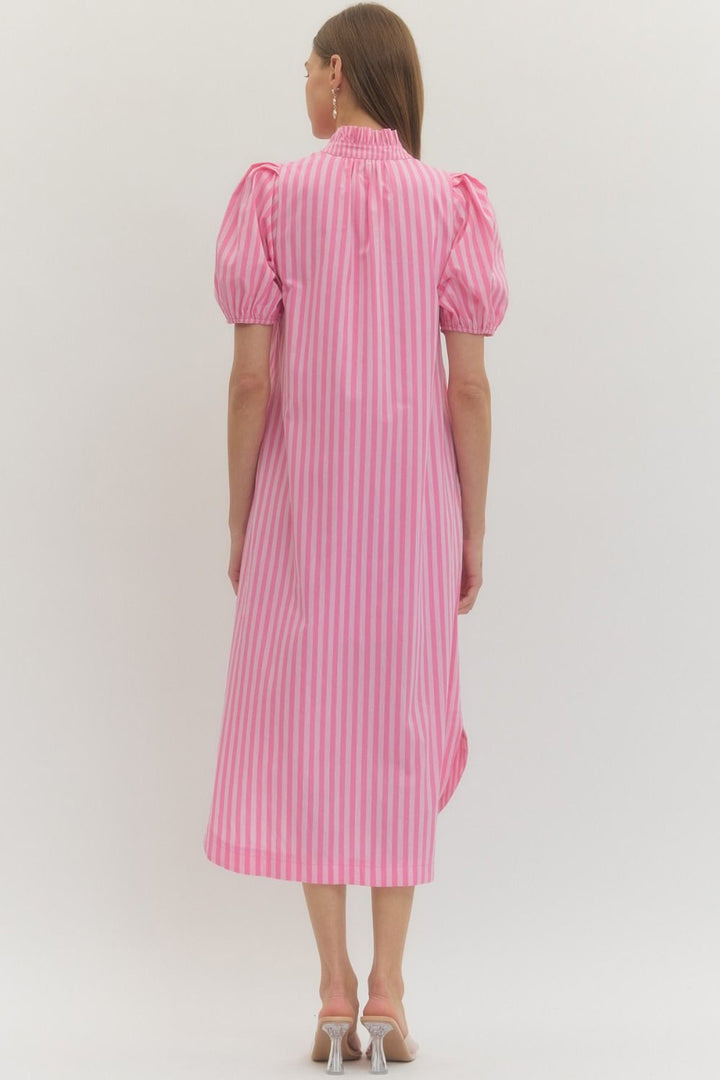 Striped Ruffle Puff Sleeve Midi Dress in pink and white with puff sleeves, high neckline. Available in sizes XS-XL.