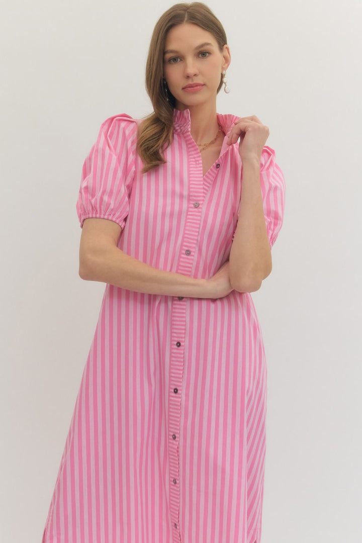 Striped Ruffle Puff Sleeve Midi Dress in pink/white with puff sleeves, front buttons. Available in XS-XL.