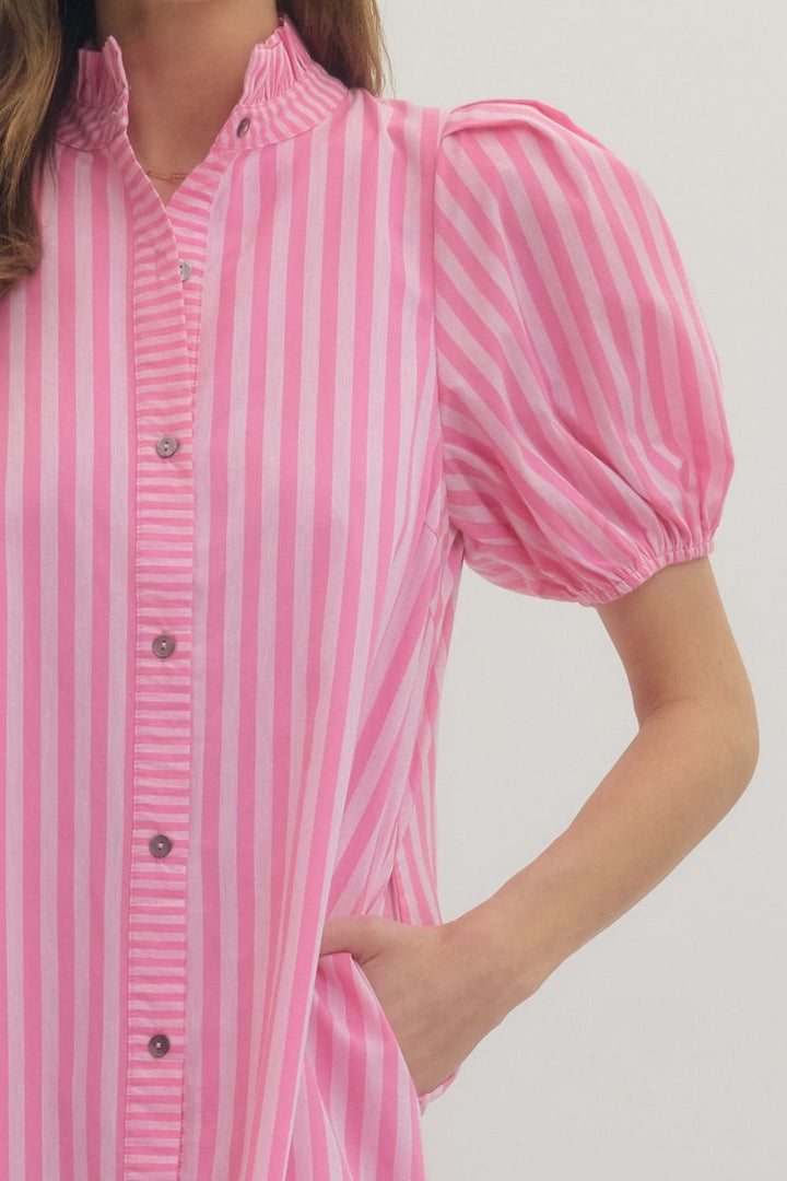 Striped Ruffle Puff Sleeve Midi Dress in pink/light pink with puff sleeves, ruffled neckline, metallic buttons, pockets. Sizes XS–XL.