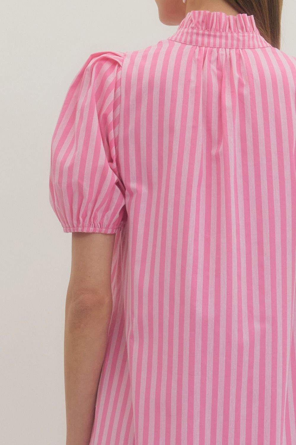 Striped Ruffle Puff Sleeve Midi Dress in pink and white with puff sleeves, ruffled collar. Sizes: XS-XL.