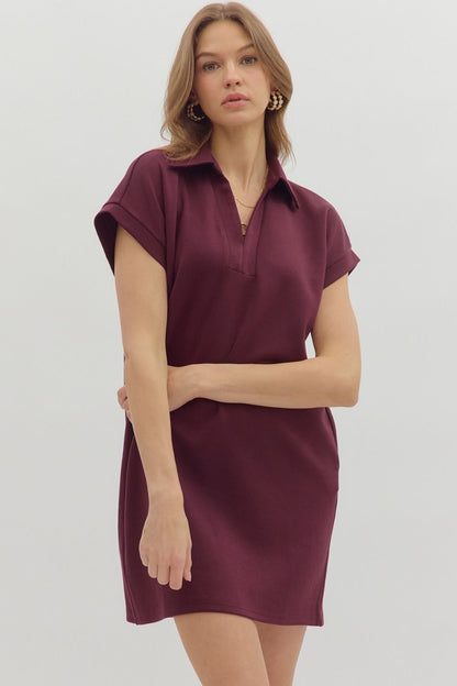 Collared Solid V-Neck Pullover Dress in maroon; available in sizes XS-XL.