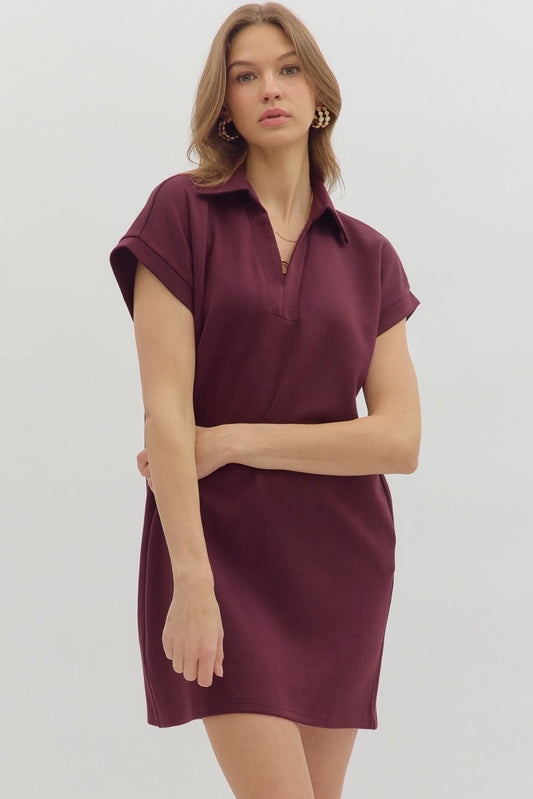 Collared Solid V-Neck Pullover Dress