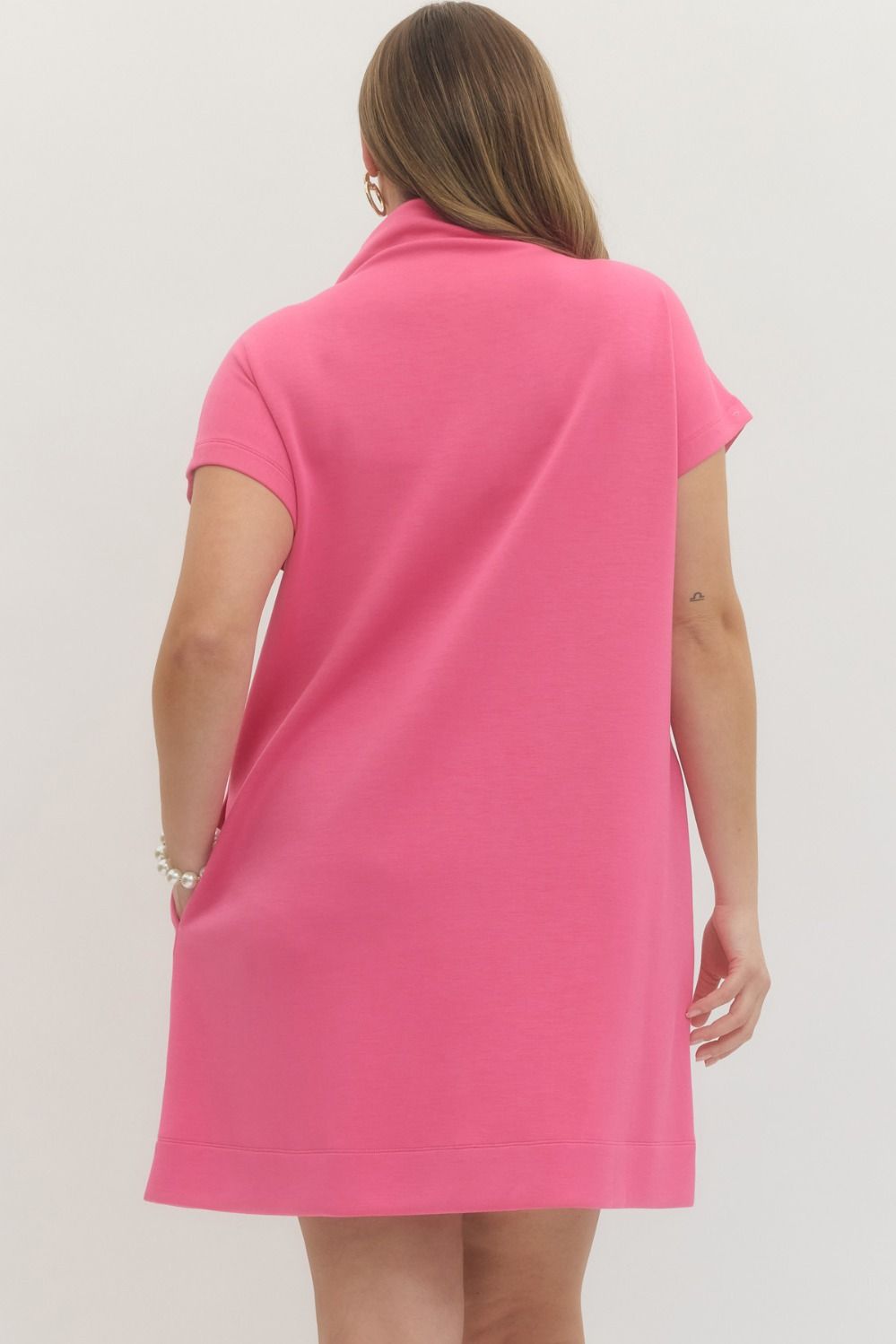 Pink Solid Mock Neck Pullover Dress, knit, knee-length, short sleeves, folded collar. Available in sizes XS-XL.