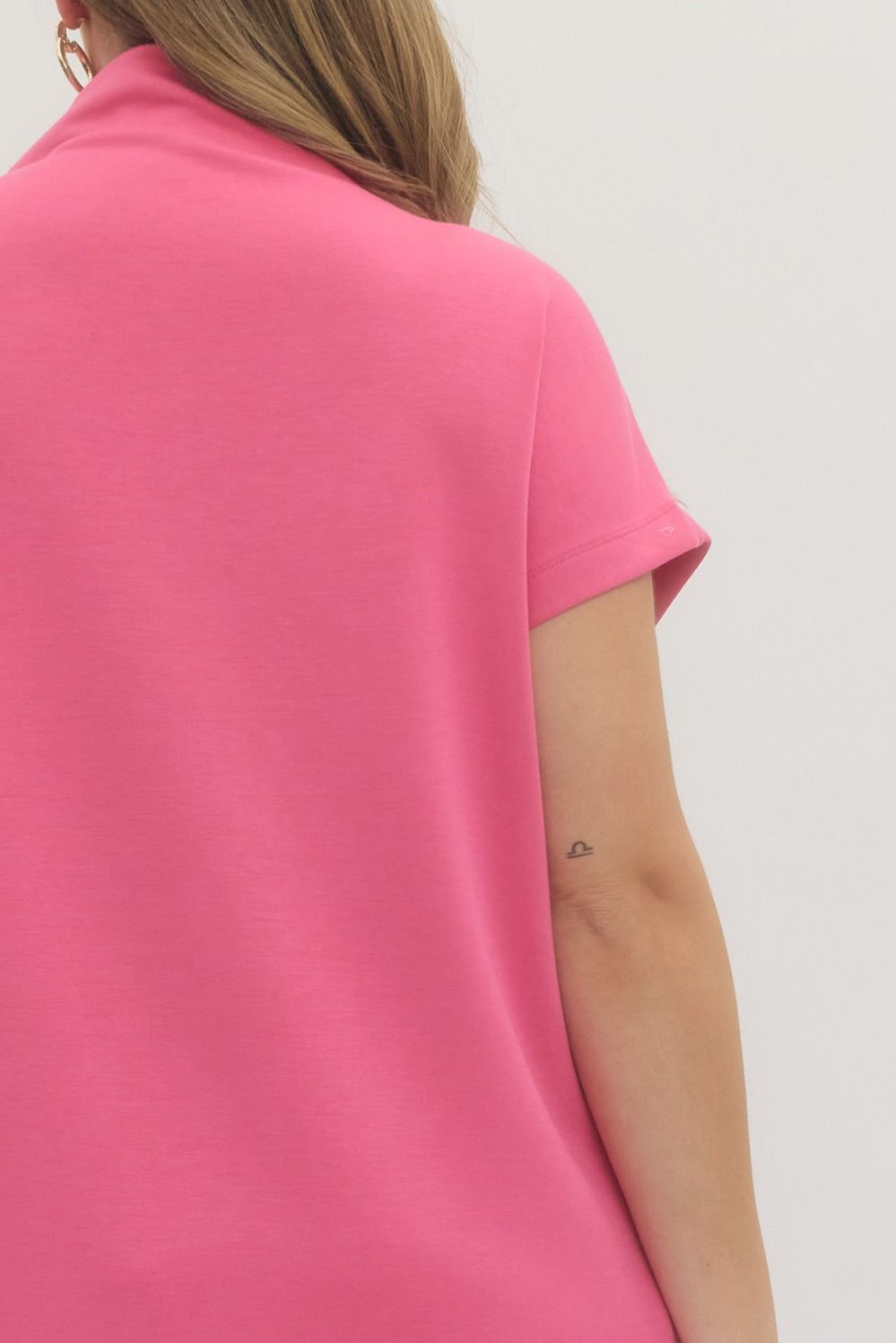 Pink Solid Mock Neck Pullover Dress, knit fabric, pink color. Available in sizes XS-XL.