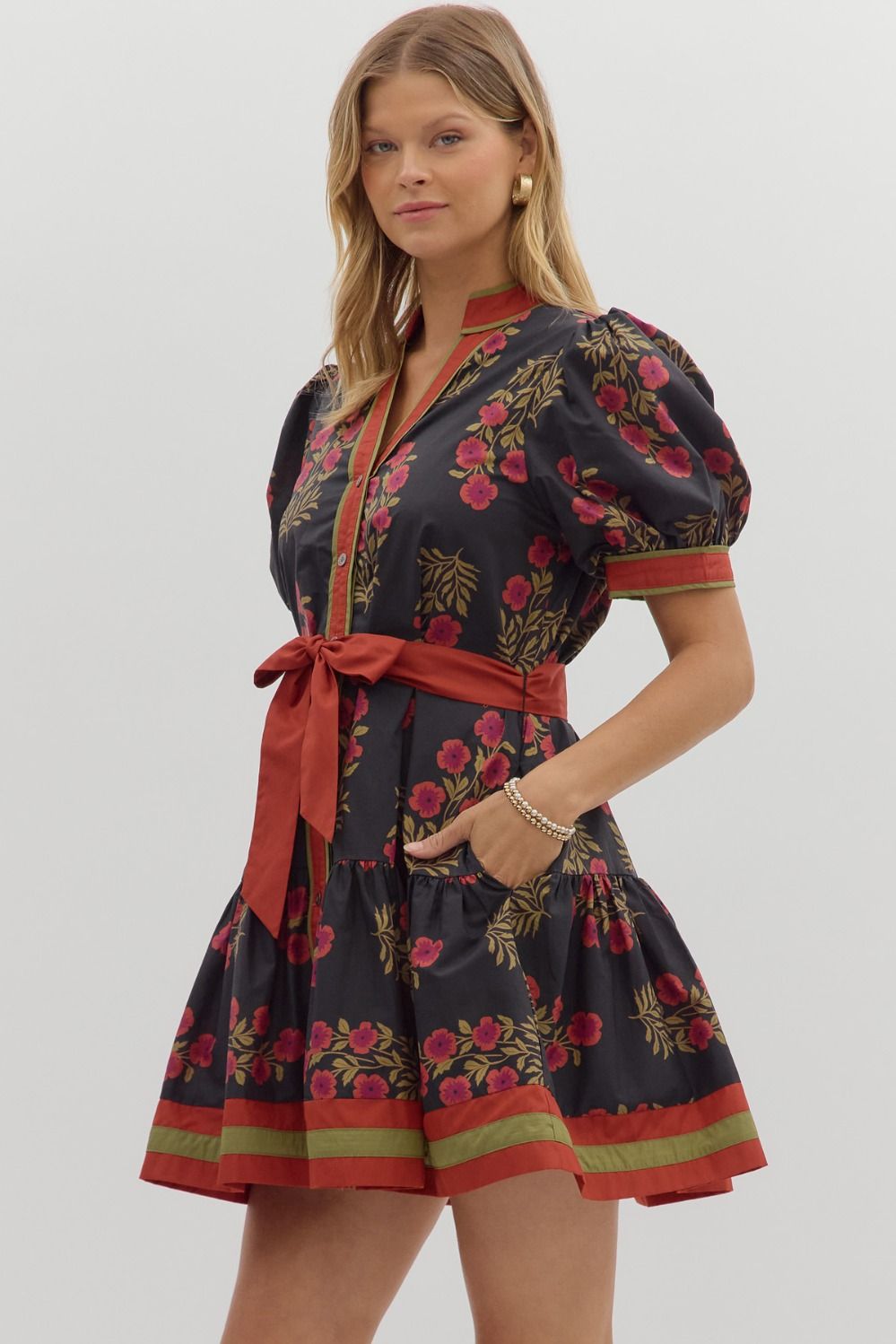 Angie Floral Puff Sleeve Ruffle Hem Dress: black with red flowers, green/red trim, red waist tie, puff sleeves. Sizes XS-XL.