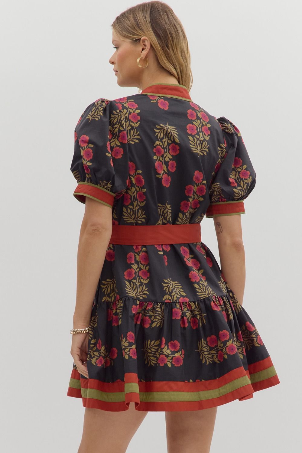 Angie Floral Puff Sleeve Ruffle Hem Dress: black mini, red & green floral, puff sleeves, ruffle hem, red accents. Sizes XS–XL.