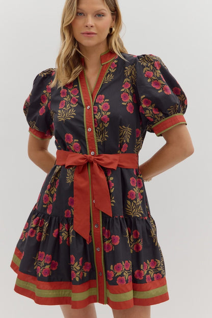 Angie Floral Puff Sleeve Ruffle Hem Dress: short dark mini, pink flowers, green leaves, puff sleeves. Sizes S-XL.