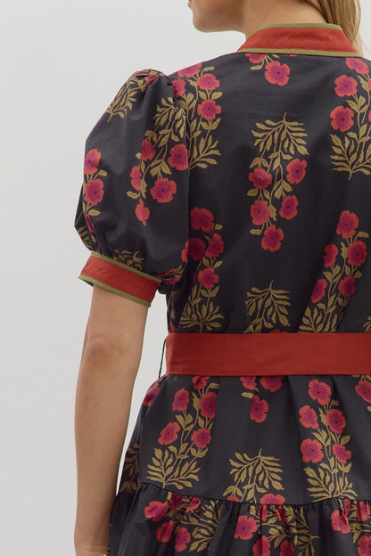 Angie Floral Puff Sleeve Ruffle Hem Dress in black with red florals, gold branches, wide red waistband. Sizes: XS-XL.