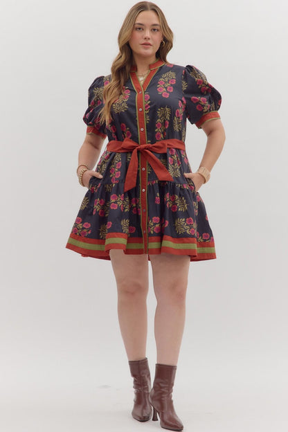 Angie Floral Puff Sleeve Ruffle Hem Dress with floral print and ruffles. Available in sizes XS-XL.