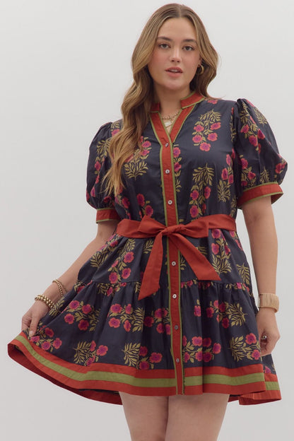 Angie Floral Puff Sleeve Ruffle Hem Dress: pink floral/green leaf print, puff sleeves, tie waist. Sizes XS-XL.