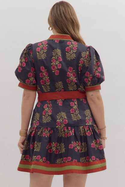 Angie Floral Puff Sleeve Ruffle Hem Dress: fall mini, pink/green florals, red waistband, dark base. Sizes XS-XL.