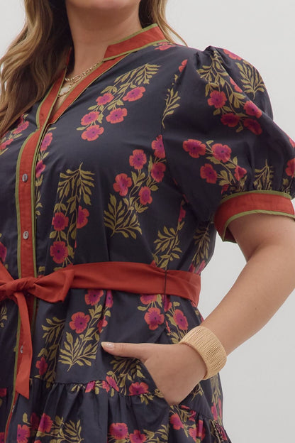 Angie Floral Puff Sleeve Ruffle Hem Dress in pink floral pattern. Available in sizes XS–XL.