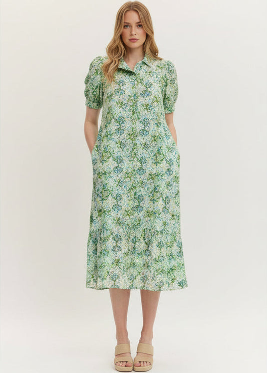 Cream Botanical Ruffle Trim Midi Dress