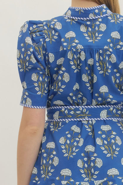 Blue Floral Print Belted Dress with white/yellow patterns, puff sleeves, self-tie belt. Sizes: XS-XL.