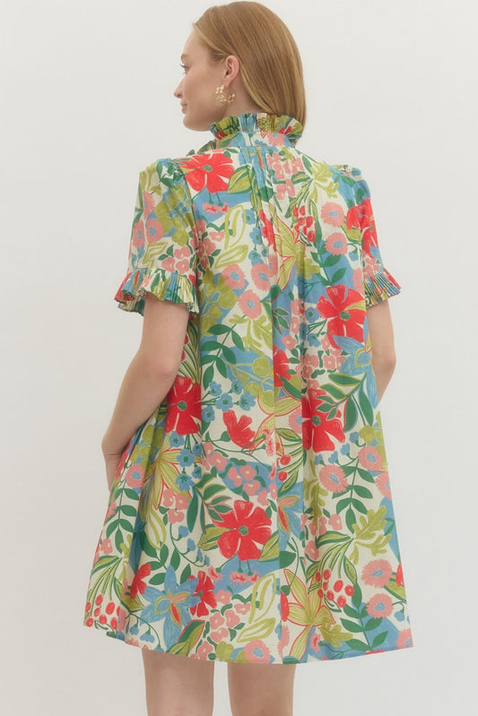 Floral Print Pleated Ruffle Trim Dress