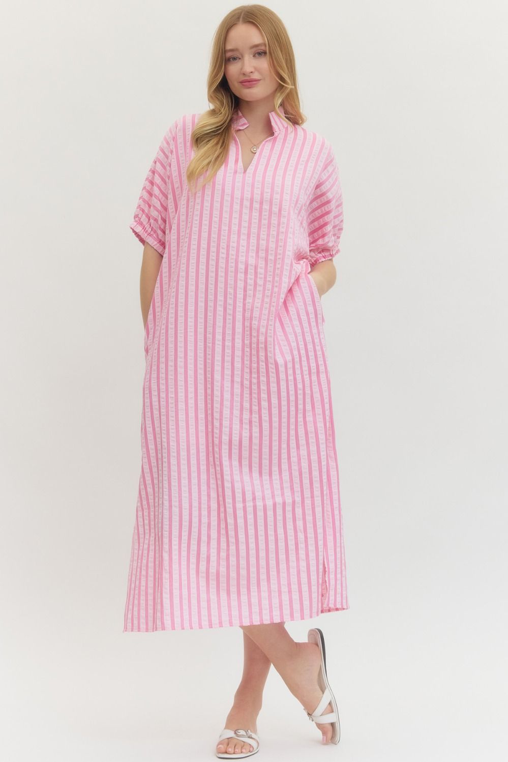 Pink Striped Seersucker Midi Dress: ankle-length, short sleeves, collar, pockets. Available in sizes XS–XL.