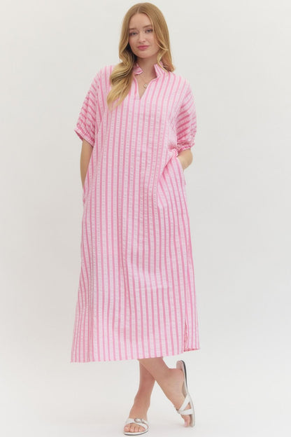 Pink Striped Seersucker Midi Dress: ankle-length, short sleeves, collar, pockets. Available in sizes XS–XL.
