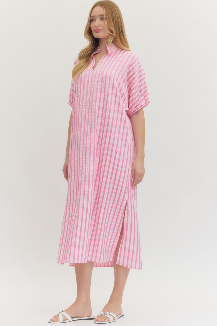 Pink Striped Seersucker Midi Dress with short sleeves, collar, side slits. Available in sizes XS–XL.