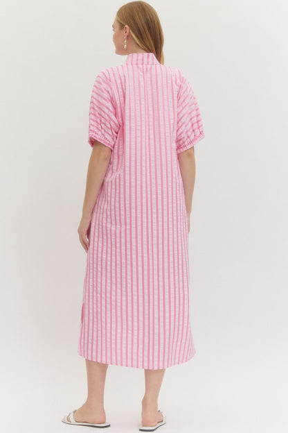 Pink Striped Seersucker Midi Dress with white vertical stripes, short sleeves, side slits. Available in XS-XL.