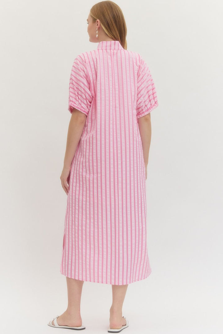 Pink Striped Seersucker Midi Dress with white vertical stripes, short sleeves, side slits. Available in XS-XL.