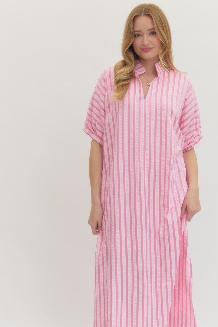 Pink Striped Seersucker Midi Dress with short sleeves, white vertical stripes; available in sizes XS-XL.