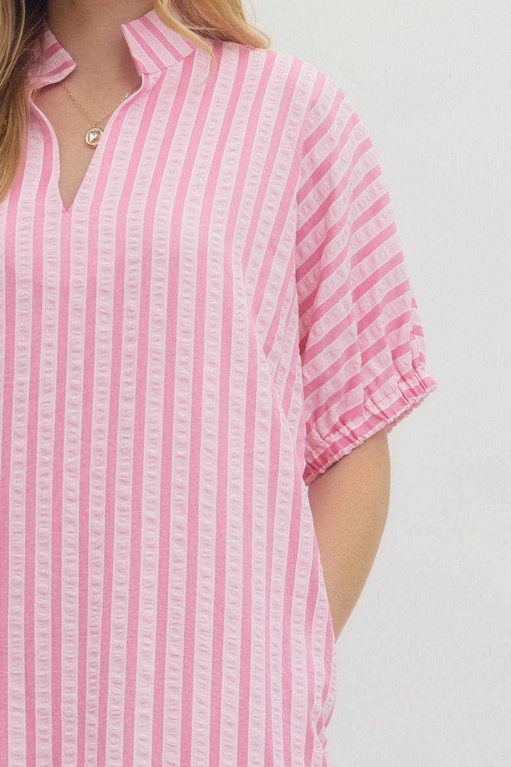 Pink Striped Seersucker Midi Dress with short sleeves, ruffled collar, pink-white stripes. Available in sizes XS-XL.