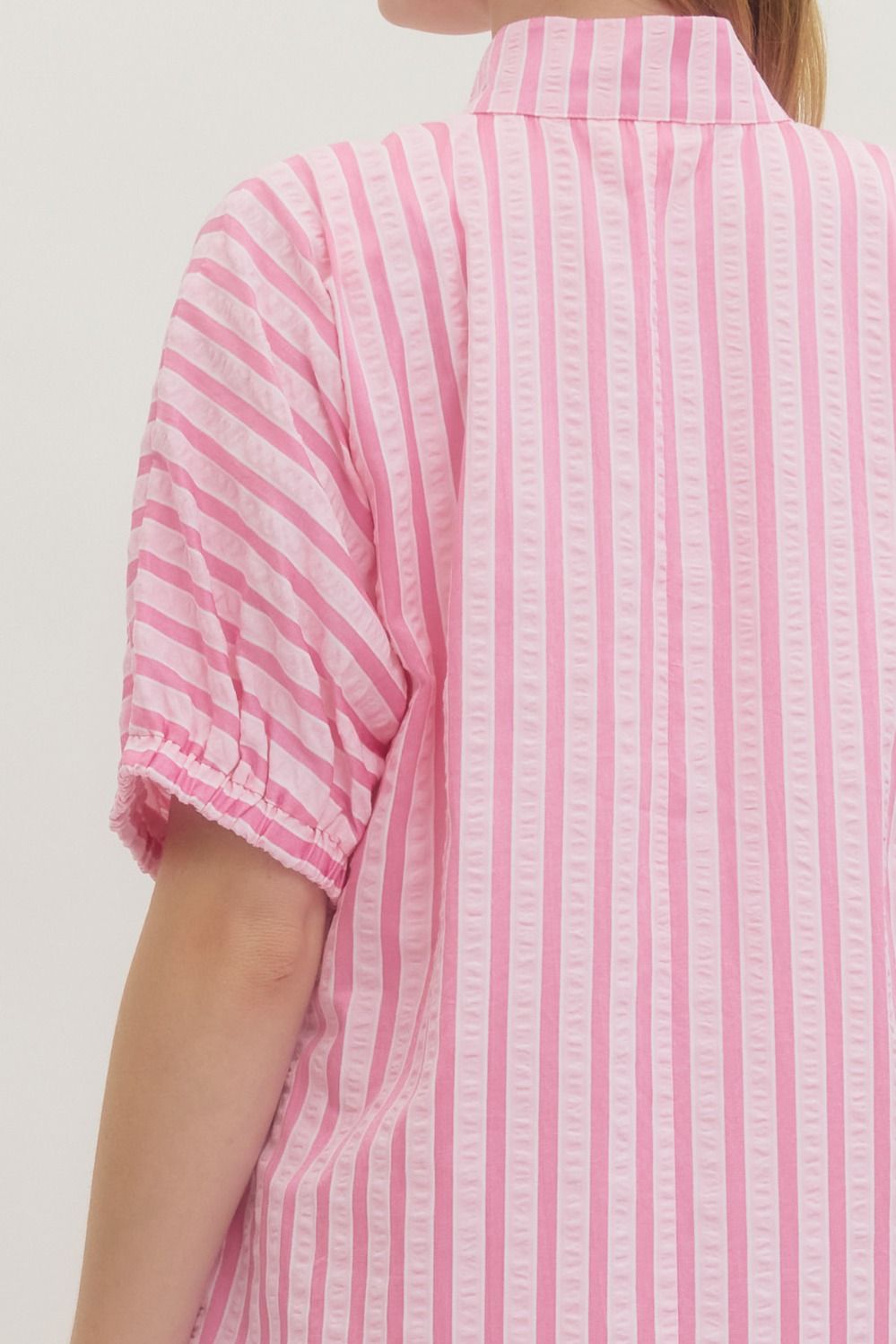 Pink Striped Seersucker Midi Dress with pink and white stripes, elastic cuffs. Available in sizes XS–XL.