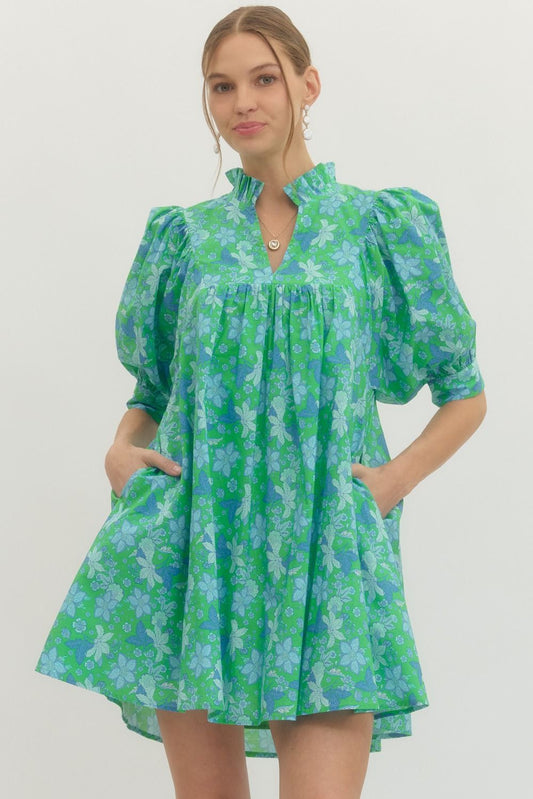 Green Floral Print Ruffle Stand Collar Dress