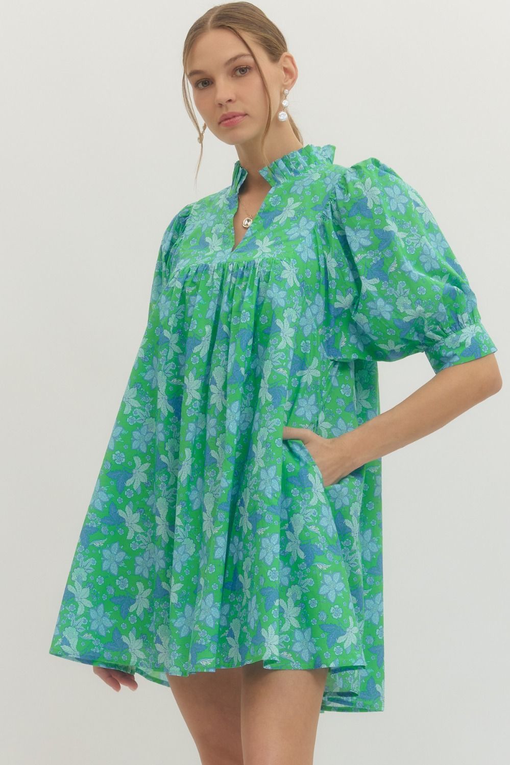 Green Floral Print Ruffle Stand Collar Dress with blue and white accents, puffed sleeves, ruffled collar. Sizes: XS–XL.