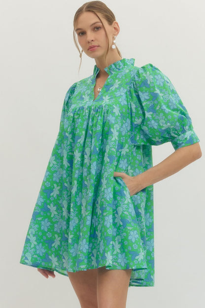 Green Floral Print Ruffle Stand Collar Dress with blue and white accents, puffed sleeves, ruffled collar. Sizes: XS–XL.