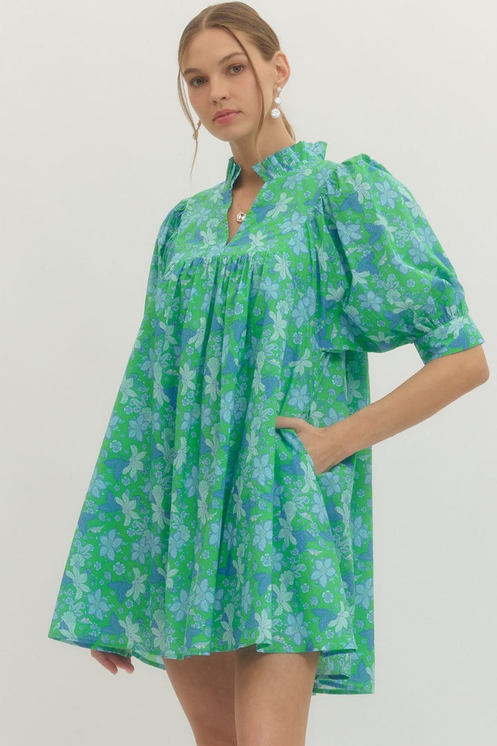 Green Floral Print Ruffle Stand Collar Dress with blue and white accents, puffed sleeves, ruffled collar. Sizes: XS–XL.