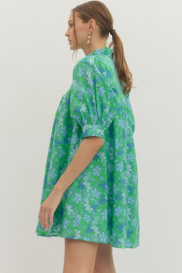 Green Floral Print Ruffle Stand Collar Dress with puffed half sleeves, blue pattern, loose fit. Available in S, M, L, XL.