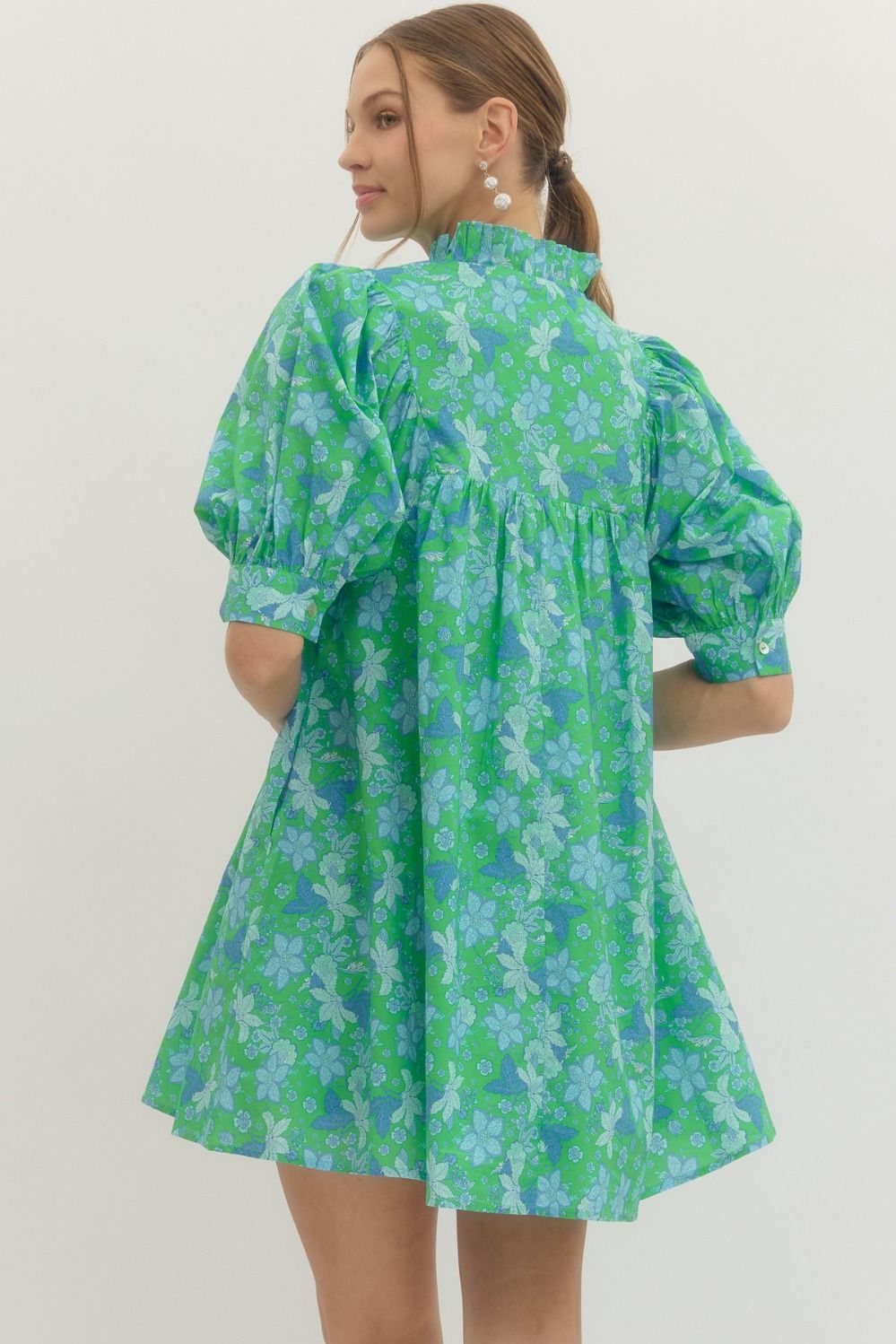 Green floral print ruffle stand collar dress with blue prints and puff sleeves, cotton, available in sizes XS-XL.