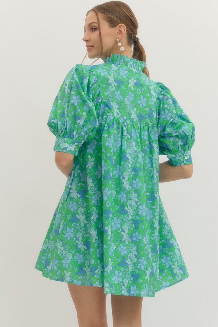 Green floral print ruffle stand collar dress with blue prints and puff sleeves, cotton, available in sizes XS-XL.