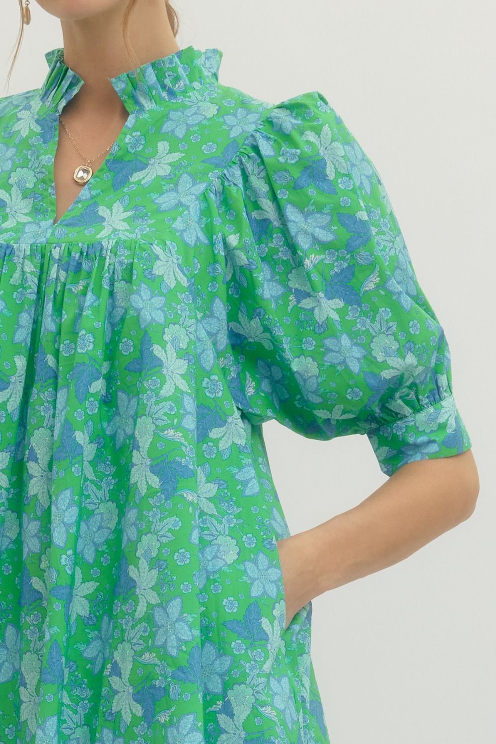 Green Floral Print Ruffle Stand Collar Dress, puffed sleeves, cotton. Available in sizes XS-XL.