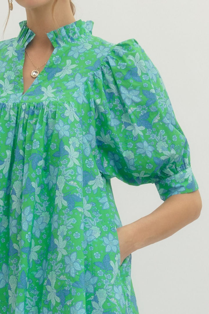 Green Floral Print Ruffle Stand Collar Dress, puffed sleeves, cotton. Available in sizes XS-XL.