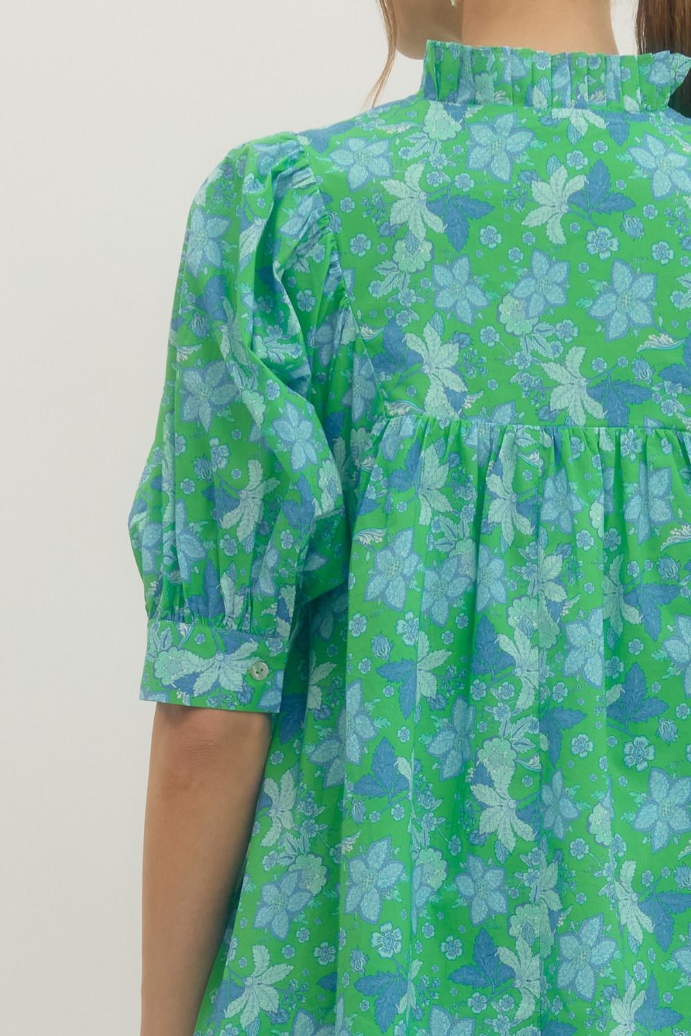 Green Floral Print Ruffle Stand Collar Dress in cotton with puffed sleeves, gathered waist, blue florals. Sizes: XS-XL.