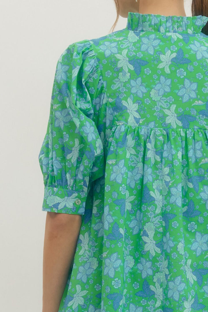 Green Floral Print Ruffle Stand Collar Dress in cotton with puffed sleeves, gathered waist, blue florals. Sizes: XS-XL.
