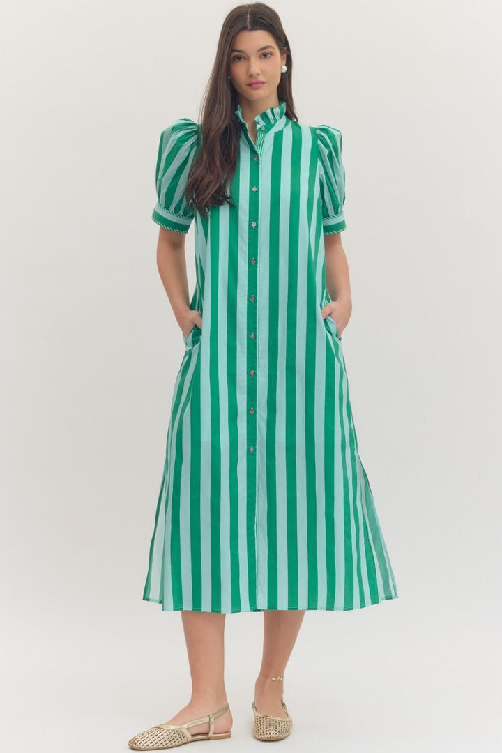 Kelly green striped midi dress with button-down front, ruffled puff sleeves, side pockets. Available in Regular &amp; Plus sizes.