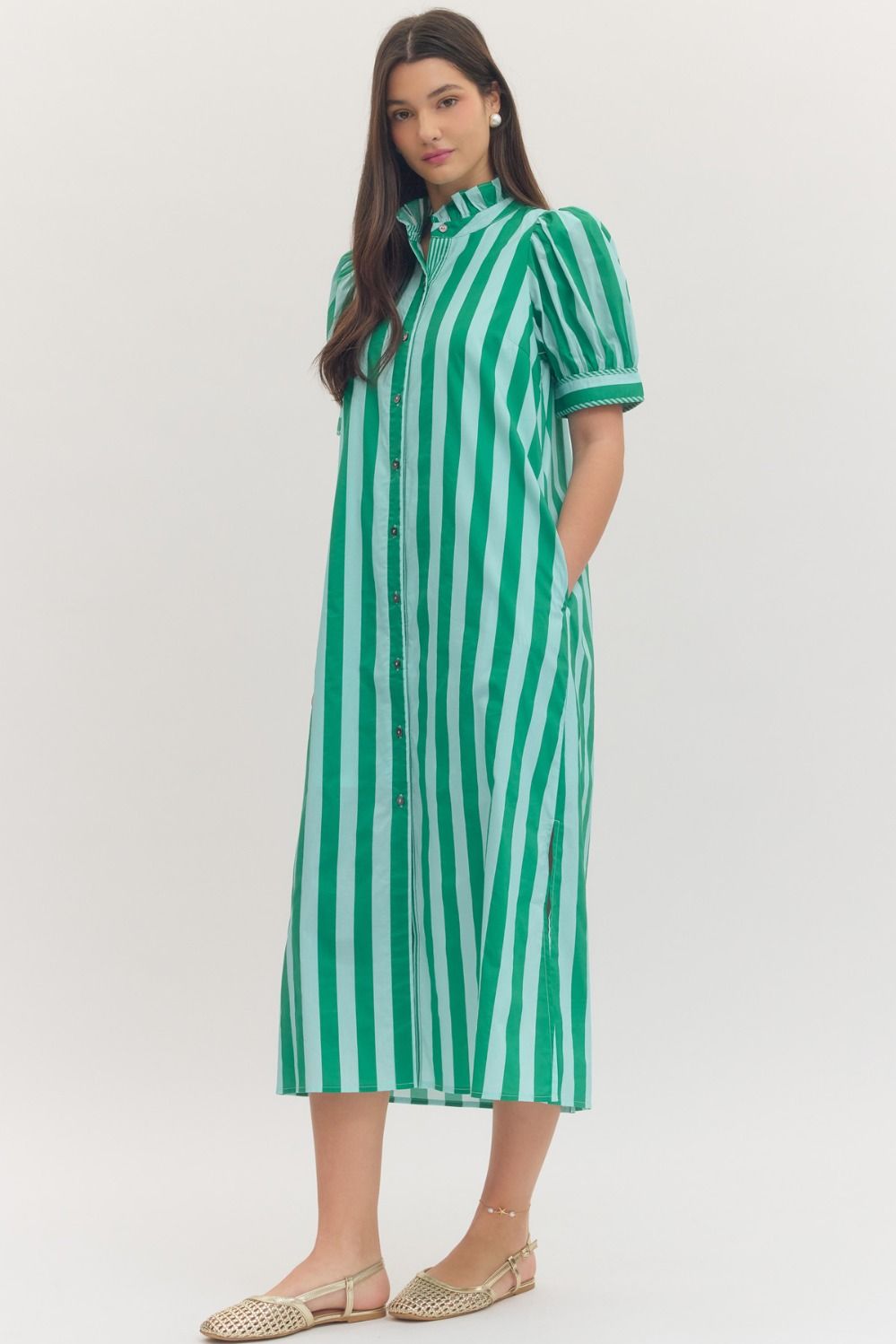 Green Stripe Ruffle Midi Dress with vertical stripes, front buttons, short puff sleeves. Available in sizes XS-XL.