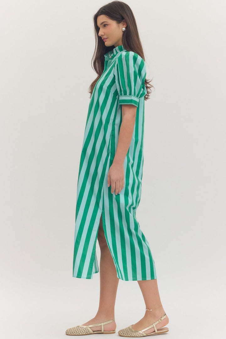 Green Stripe Ruffle Midi Dress with short sleeves and vertical white stripes. Available in sizes XS-L.