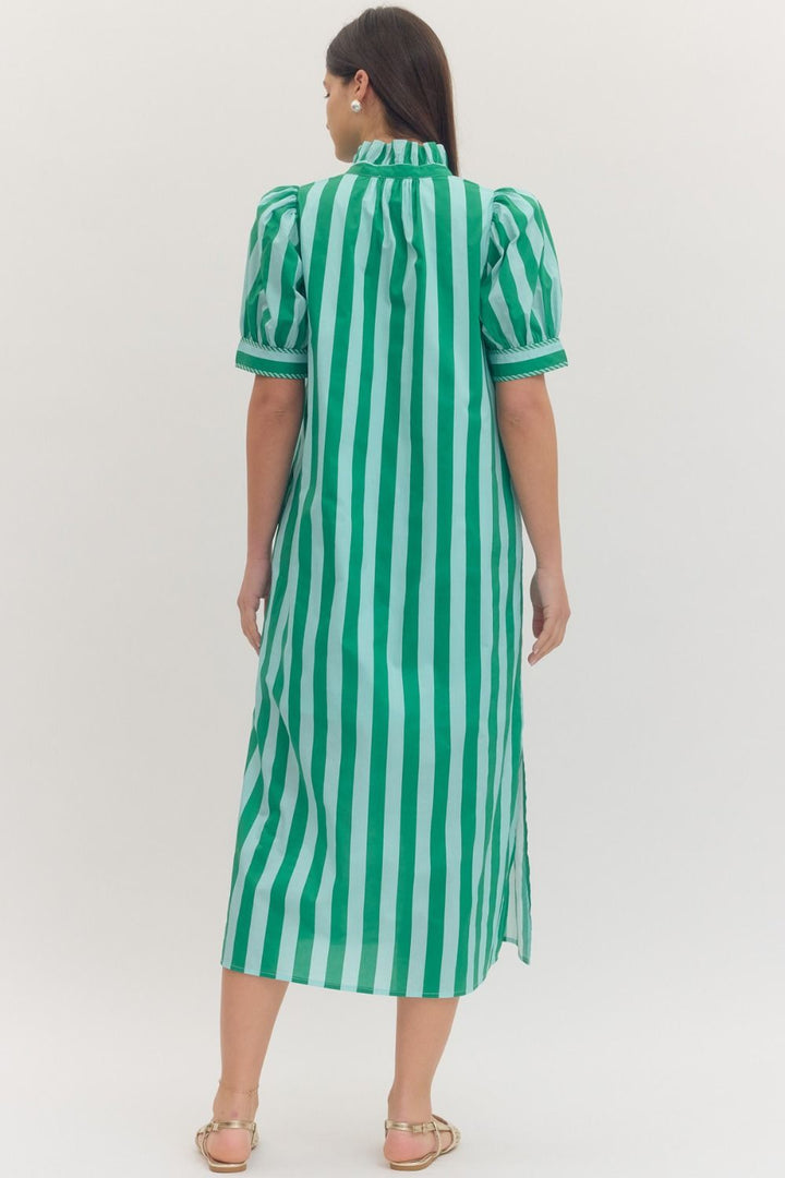 Green Stripe Ruffle Midi Dress with green and white stripes, puff sleeves, ruffles, side slits; available in Reg. &amp; Plus sizes.
