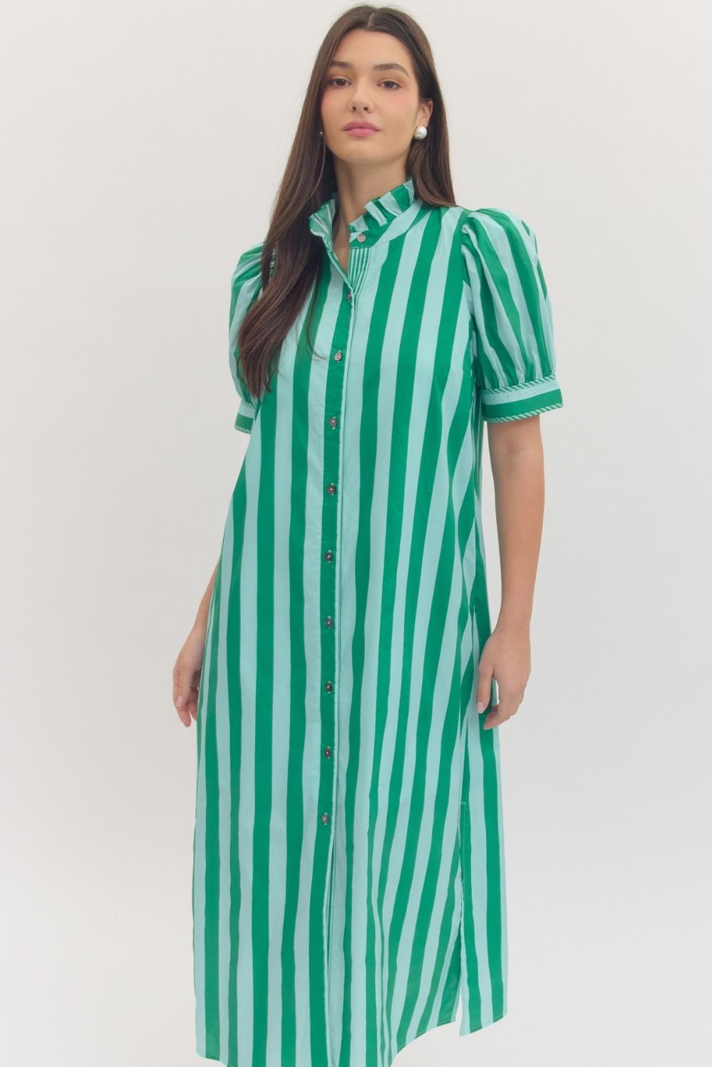 Green Stripe Ruffle Midi Dress with green and white vertical stripes, puff sleeves, ruffles; available in Regular &amp; Plus sizes.