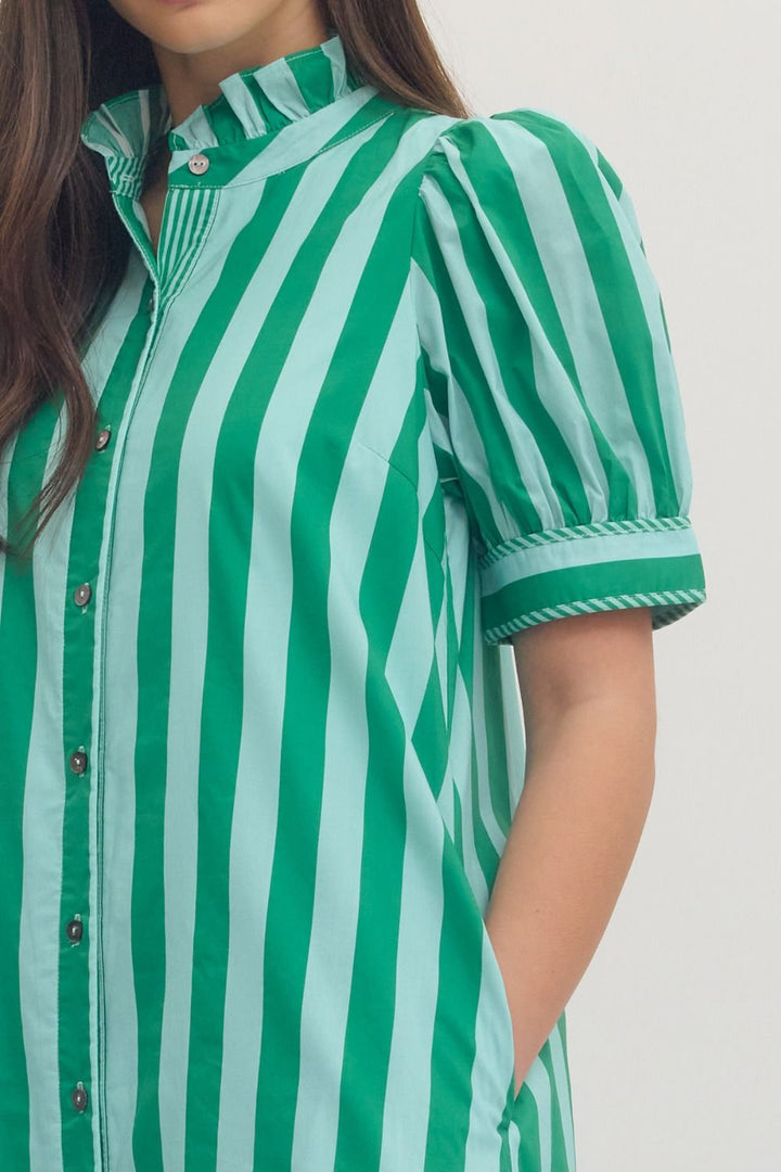 Green Stripe Ruffle Midi Dress: cotton, green/light blue stripes, puff sleeves, ruffled collar, front buttons. Sizes XS-XL.