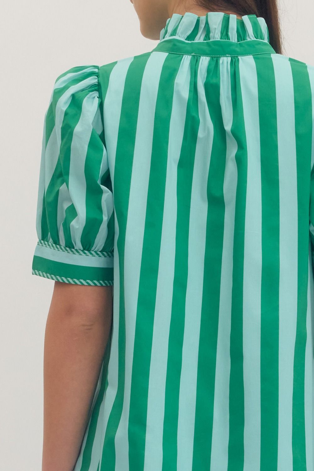 Green Stripe Ruffle Midi Dress in Reg. &amp; Plus, kelly green/light blue stripes, puff sleeves, ruffled collar.