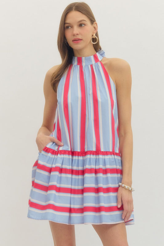Liberty Lane Dress: sleeveless halter, blue/white/red stripes. Available in sizes XS-XL.