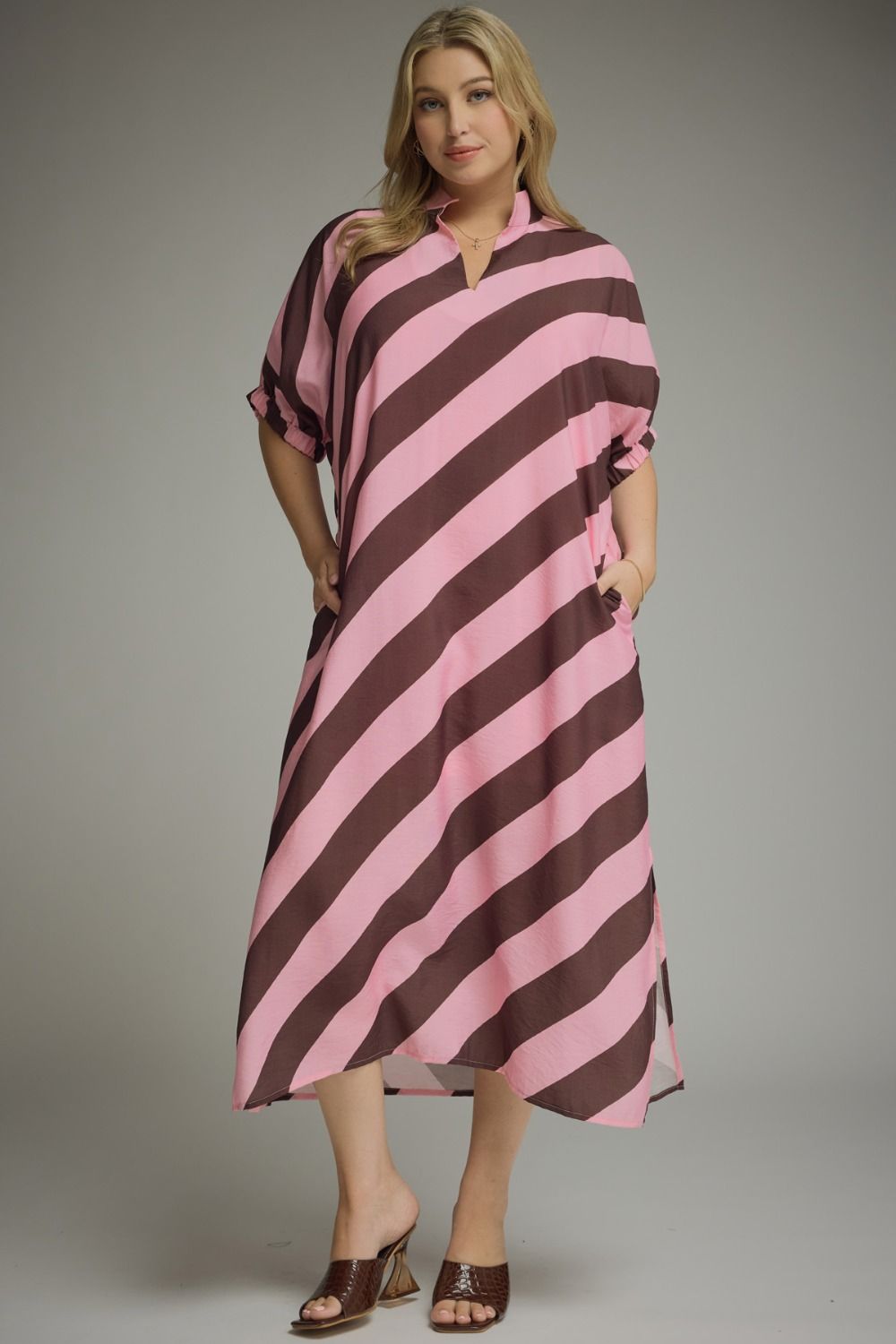 Rosewood Stripe Midi Dress: ankle-length, wide pink and brown stripes. Available in sizes XS-XL.