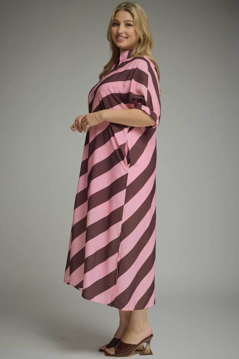 Rosewood Stripe Midi Dress: ankle-length, loose pink and brown stripes, pockets. Available in XS-XL.