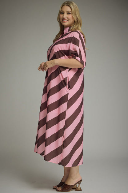 Rosewood Stripe Midi Dress: ankle-length, loose pink and brown stripes, pockets. Available in XS-XL.
