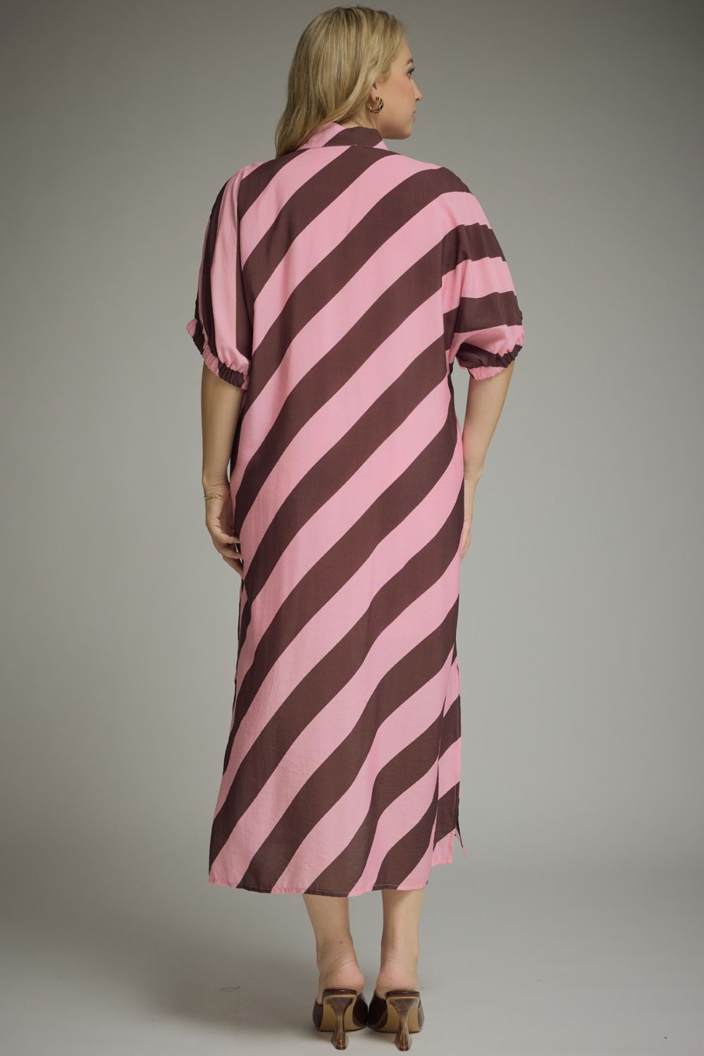 Rosewood Stripe Midi Dress with pink and brown diagonal stripes, short sleeves. Available in sizes XS–XL.